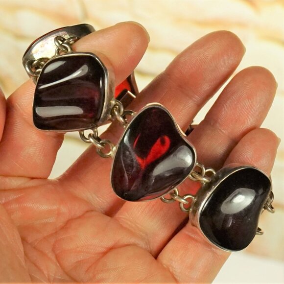 Rare To Find Cherry Amber Link BRACELET in 925 Silver, Heavy Jewelry, OOAK Gift - Picture 2 of 16